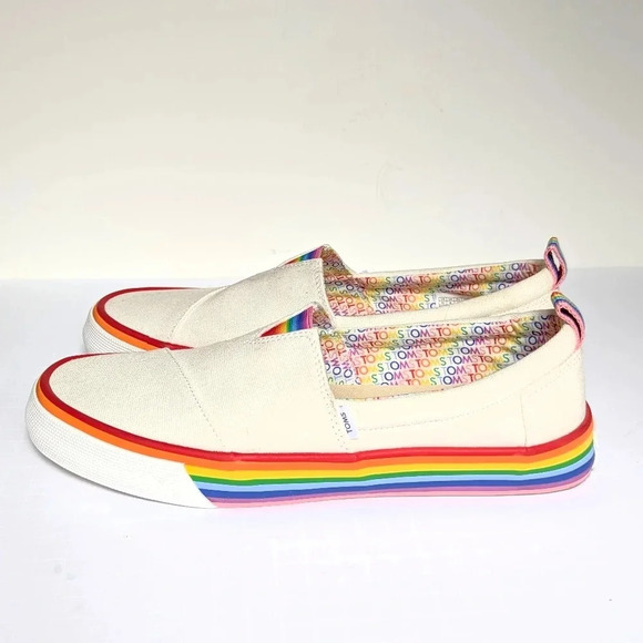 Tom's	 Women's Alpargata Fenix Slip-On White w/ Rainbow Stripes Sz 10 VGUC - Picture 7 of 12